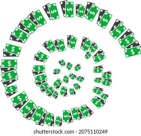 Collage espiral de billetes en dólares. Los billetes en dólares se organizan en ilustraciones de vectores de ciclo. Ciclo abstracto organizado a partir de billetes colocados al azar.