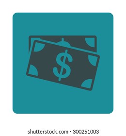 Dollar Banknotes icon. This flat rounded square button uses soft blue colors and isolated on a white background.