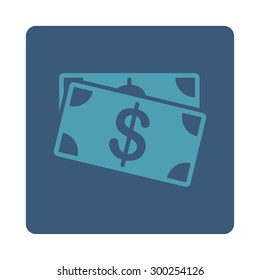 Dollar Banknotes icon. This flat rounded square button uses cyan and blue colors and isolated on a white background.
