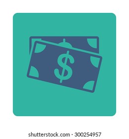 Dollar Banknotes icon. This flat rounded square button uses cobalt and cyan colors and isolated on a white background.