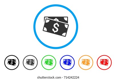 Dollar Banknotes icon. Vector illustration style is a flat iconic dollar banknotes grey rounded symbol inside light blue circle with black, gray, green, blue, red, orange color variants.