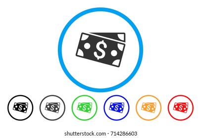 Dollar Banknotes icon. Vector illustration style is a flat iconic dollar banknotes grey rounded symbol inside light blue circle with black, gray, green, blue, red, orange color versions.