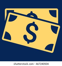 Dollar Banknotes icon. Vector style is flat iconic symbol with rounded angles, yellow color, blue background.
