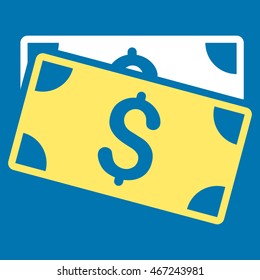 Dollar Banknotes icon. Vector style is bicolor flat iconic symbol with rounded angles, yellow and white colors, blue background.
