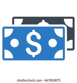 Dollar Banknotes icon. Vector style is bicolor flat iconic symbol with rounded angles, smooth blue colors, white background.