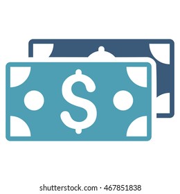 Dollar Banknotes icon. Vector style is bicolor flat iconic symbol with rounded angles, cyan and blue colors, white background.