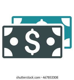 Dollar Banknotes icon. Vector style is bicolor flat iconic symbol with rounded angles, soft blue colors, white background.