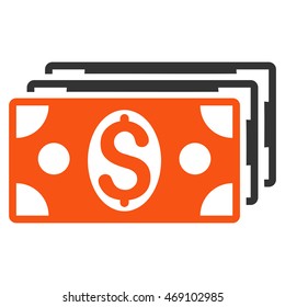 Dollar Banknotes icon. Vector style is bicolor flat iconic symbol with rounded angles, orange and gray colors, white background.