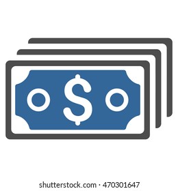 Dollar Banknotes icon. Vector style is bicolor flat iconic symbol with rounded angles, cobalt and gray colors, white background.