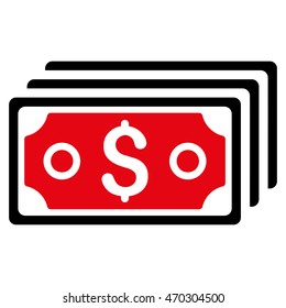 Dollar Banknotes icon. Vector style is bicolor flat iconic symbol with rounded angles, intensive red and black colors, white background.