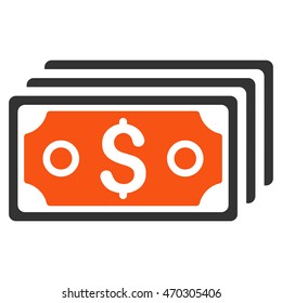 Dollar Banknotes icon. Vector style is bicolor flat iconic symbol with rounded angles, orange and gray colors, white background.