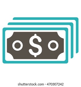 Dollar Banknotes icon. Vector style is bicolor flat iconic symbol with rounded angles, grey and cyan colors, white background.