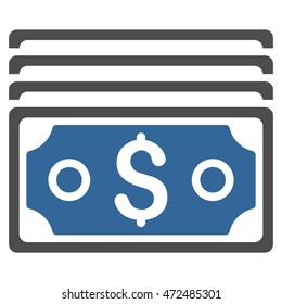 Dollar Banknotes icon. Vector style is bicolor flat iconic symbol with rounded angles, cobalt and gray colors, white background.