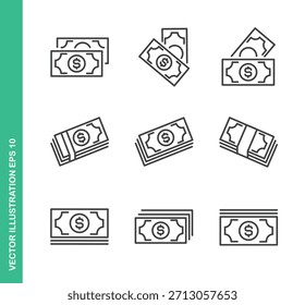 Iconos de billetes de dólar. Colección de Elementos de símbolo de línea delgada.