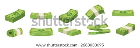 Dollar banknotes, illustrating different quantities and forms of currency. The bills are depicted as bundles, scattered notes, and a rolled stack, all featuring the dollar sign.