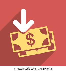 Dollar Banknotes Income long shadow vector icon. Style is a flat light symbol with rounded angles on a red square background.