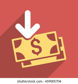 Dollar Banknotes Income long shadow vector icon. Style is a flat dollar banknotes income iconic symbol on a red square background.
