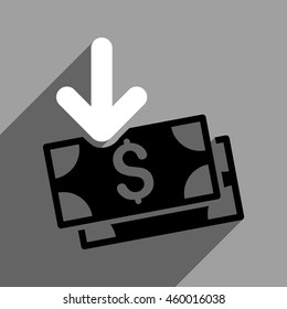 Dollar Banknotes Income long shadow vector icon. Style is a flat dollar banknotes income black and white iconic symbol on a gray square background.