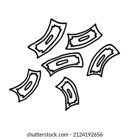 Billetes en dólares aislados en un fondo blanco. El dinero del papel vuela por ahí. Ilustración del vector Doodle. 