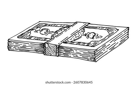 Dollar banknotes money bundle sketch icons. Paper money or bank notes cash pack bound for banking or finance and currency exchange design. Paper banknote sketch. Vector isolated