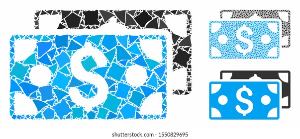 Dollar banknotes mosaic of joggly elements in variable sizes and color tinges, based on dollar banknotes icon. Vector humpy elements are grouped into composition.