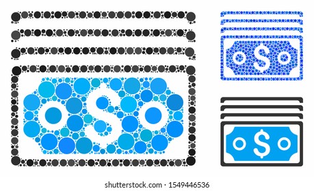 Dollar banknotes mosaic of round dots in variable sizes and color tones, based on dollar banknotes icon. Vector round dots are united into blue composition.