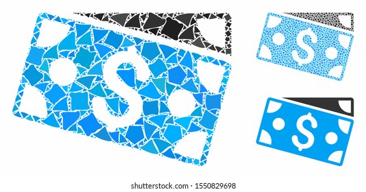 Dollar banknotes mosaic of trembly items in different sizes and color tones, based on dollar banknotes icon. Vector unequal items are composed into mosaic.