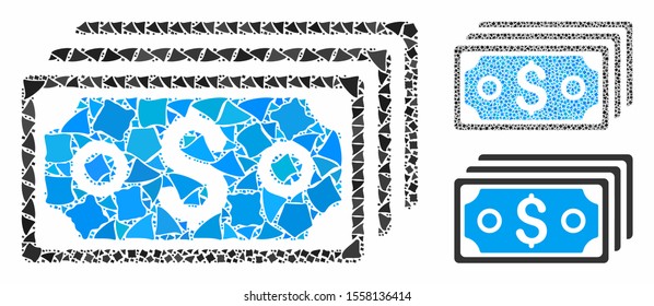 Dollar banknotes mosaic of tremulant elements in different sizes and shades, based on dollar banknotes icon. Vector tremulant elements are organized into collage.