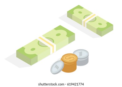 Dollar banknotes in packs and coins in stack isometric projection icons. Packed bills, gold and silver coins vector isolated on white background. Money in cash 3d illustration for business concepts