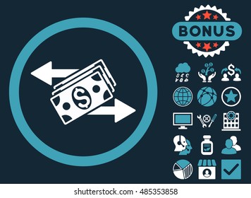 Dollar Banknotes Payments icon with bonus pictogram. Vector illustration style is flat iconic bicolor symbols, blue and white colors, dark blue background.