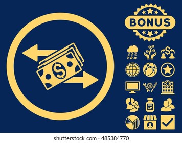 Dollar Banknotes Payments icon with bonus images. Vector illustration style is flat iconic symbols, yellow color, blue background.