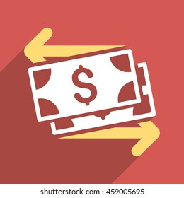 Dollar Banknotes Payments long shadow vector icon. Style is a flat Dollar banknotes payments iconic symbol on a red square background.