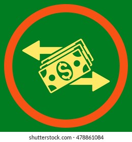 Dollar Banknotes Payments vector bicolor rounded icon. Image style is a flat icon symbol inside a circle, orange and yellow colors, green background.
