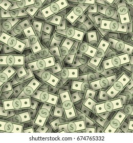 Dollar banknotes pile seamless texture. Green money bills seamless pattern. A large number of overlapping banknotes, a nice pattern for business, commerce, casino, banking, advertisement design.
