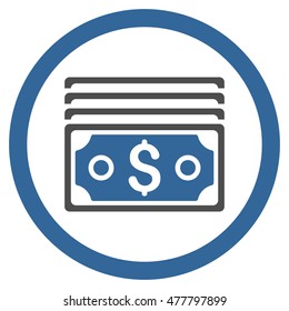 Dollar Banknotes rounded icon. Vector illustration style is flat iconic bicolor symbol, cobalt and gray colors, white background.