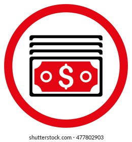 Dollar Banknotes rounded icon. Vector illustration style is flat iconic bicolor symbol, intensive red and black colors, white background.