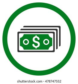 Dollar Banknotes rounded icon. Vector illustration style is flat iconic bicolor symbol, green and gray colors, white background.