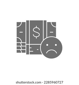 Dollar banknotes with sad face, bankruptcy grey fill icon. Cash payment, paper bill, dollar symbol design.