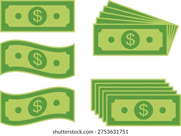 Dollar Banknotes Set Flat Money Stack Wavy Dollar Bills Vector Isolated on Transparent
