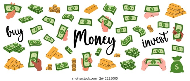 Dollar banknotes set. Flying cash, green banknotes, stack of money, dollar bills, gold coins and bars. Money investment and business concept.
