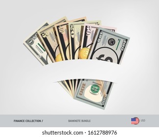 Dollar banknotes set with gold coins. Isolated on background. Cash of different nominal value. Vector illustration on the topic of finance.
