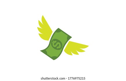 Dollar banknotes, Set of money with wing fly logo line art icon design, isolated object winged American currency in flat vector illustration design on a white background