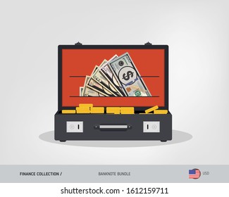 Dollar banknotes set. Suitcase staffed by dollar banknotes and coins. Leather suitcase with cash. lat vector illustration on the topic of finance.