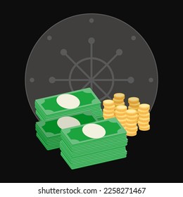 Dollar banknotes and a stack of gold coins in a safe. Inside view. Money saving illustration. Abundance and wealth. Bank, deposit and account. Theme of finance, economics. Vector illustration.