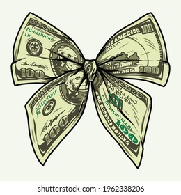 Dollar banknotes tied in bow shape in vintage style isolated vector illustration