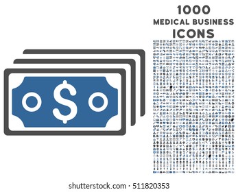 Dollar Banknotes vector bicolor icon with 1000 medical business icons. Set style is flat pictograms, cobalt and gray colors, white background.