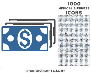 Dollar Banknotes vector bicolor icon with 1000 medical business icons. Set style is flat pictograms, cobalt and gray colors, white background.