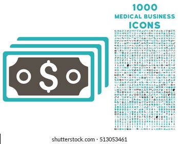 Dollar Banknotes vector bicolor icon with 1000 medical business icons. Set style is flat pictograms, grey and cyan colors, white background.