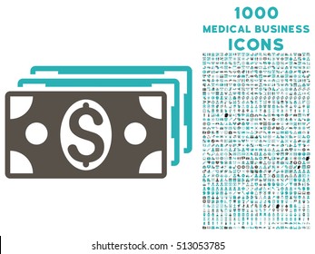 Dollar Banknotes vector bicolor icon with 1000 medical business icons. Set style is flat pictograms, grey and cyan colors, white background.
