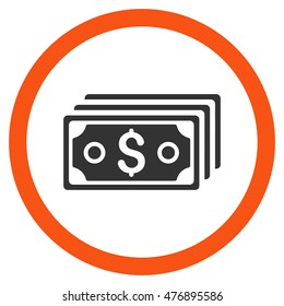 Dollar Banknotes vector bicolor rounded icon. Image style is a flat icon symbol inside a circle, orange and gray colors, white background.